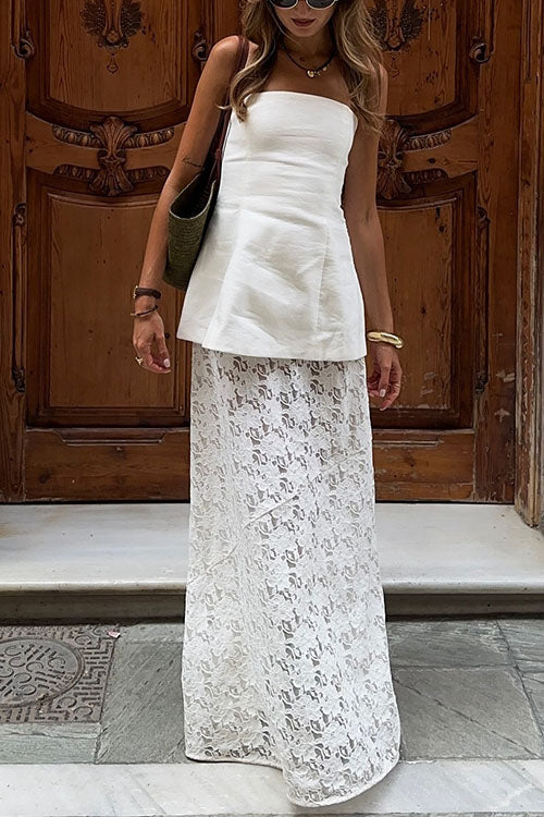 Moxidress Elastic Waistband Lace Hollow Out Maxi Skirt