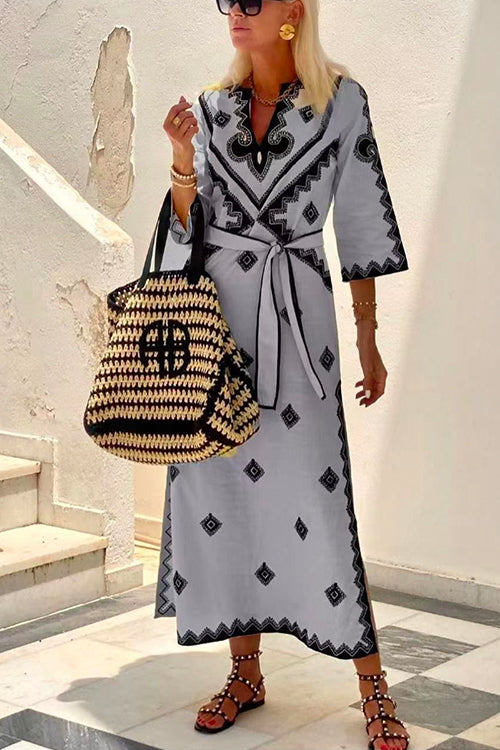 V Neck Tie Waist Side Split Bohemia Printed Maxi Dress