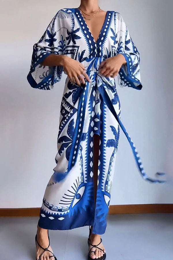 Palm Tree Print Fake Two Piece Lace Up Maxi Dress
