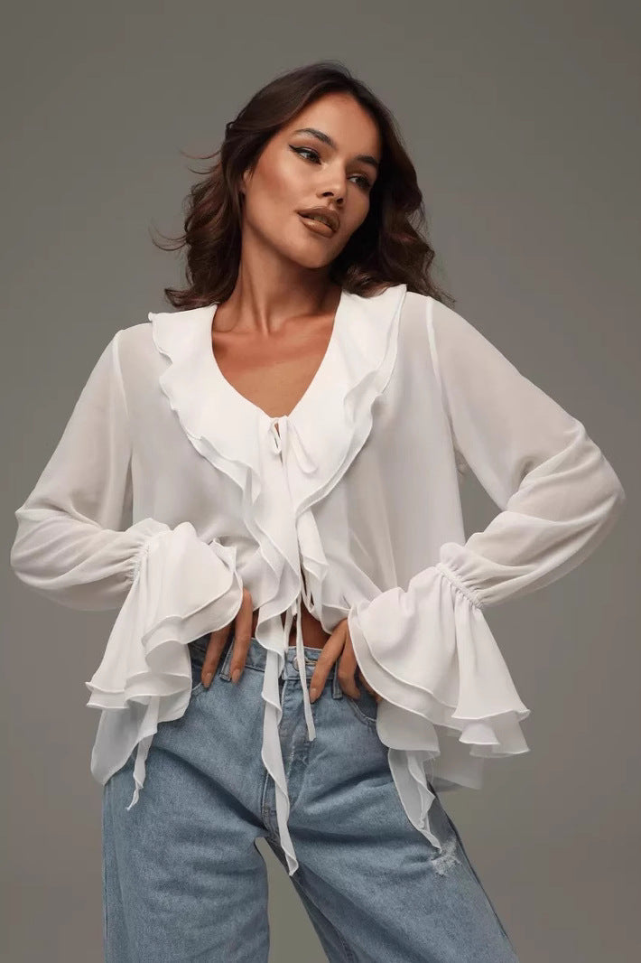 V-neck Ruffled Flare Sleeve Blouse
