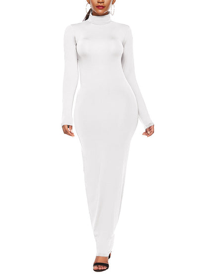 Bodycon Long Sleeves Color High Neck Maxi Dresses