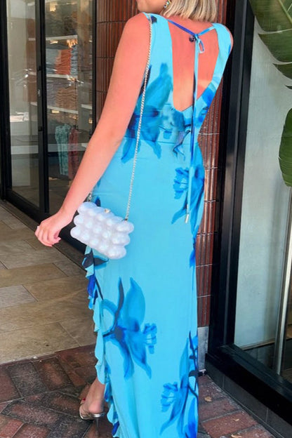 Print V-neck Ruffle Tie Split Maxi Dress