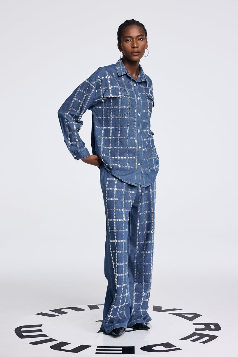 Aodh Rhinestone Grid Denim Shirt Pants Set in Blue