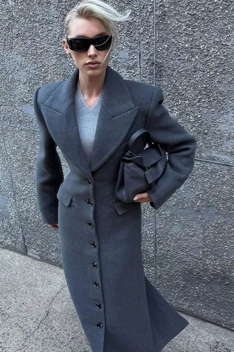 Wool Blend Lapel High Waist Long Overcoat