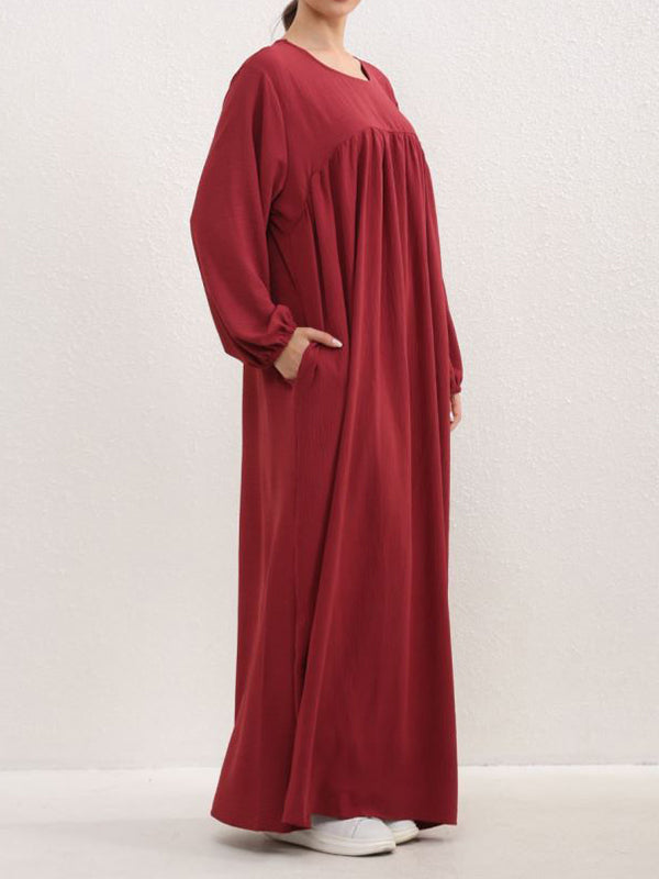 Long Sleeves Loose Pleated Color Split-joint Round-neck Maxi Dresses