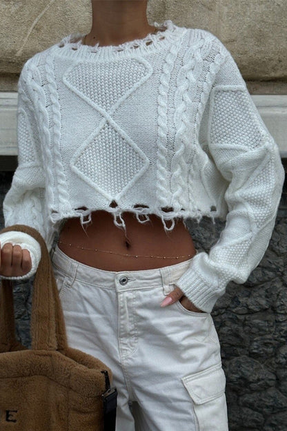 Color Round Neck Long Sleeve Ripped Edge Short Knitted Sweater