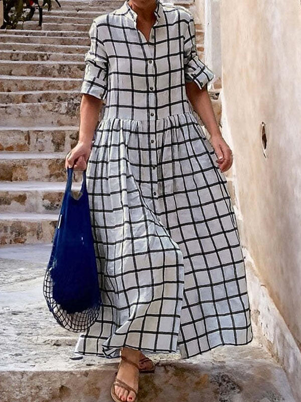 Long Sleeves Loose Buttoned Plaid Split-joint Stand Collar Maxi Dresses