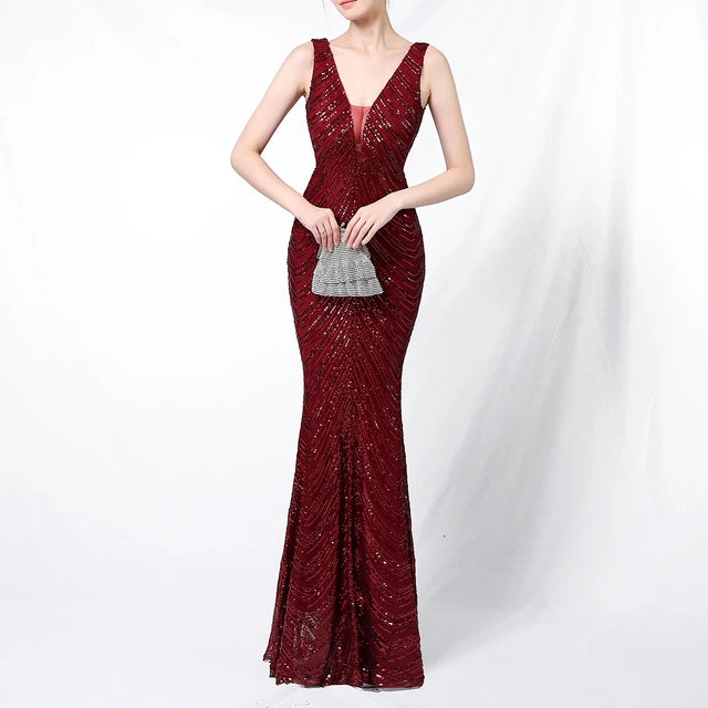 Backless Sequined Evening Dress High Waist Slim See Though Graduation Dress Party Long Dresses for
