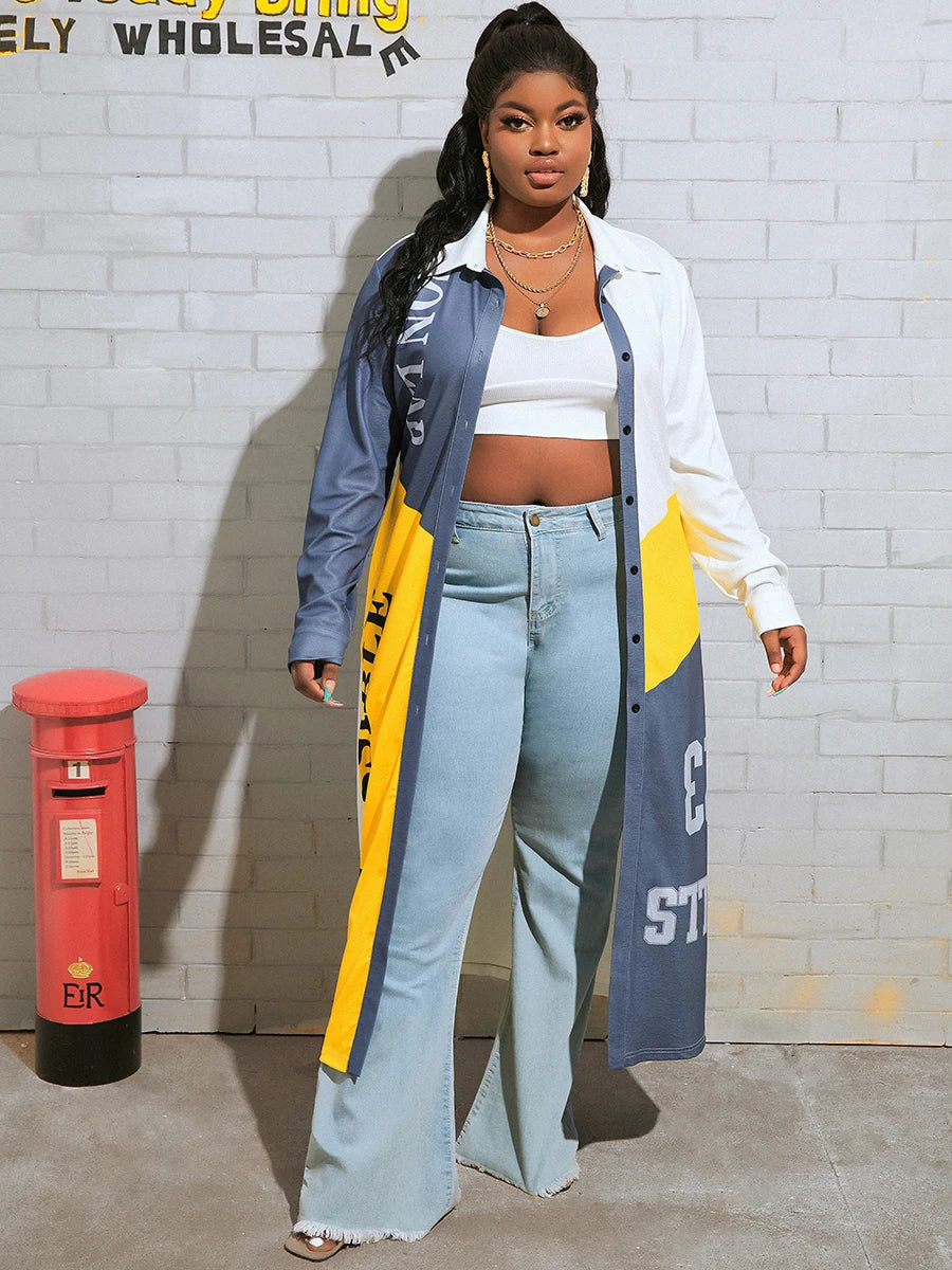 ’s Geometric Afro Print Loose Trench Coat With Conventional Collar