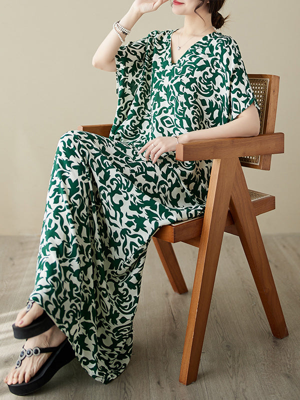 Batwing Sleeves Loose Printed V-neck Maxi Dresses