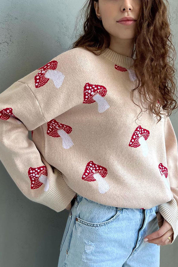 Mushroom Pattern Loose Round Neck Knitted Sweater