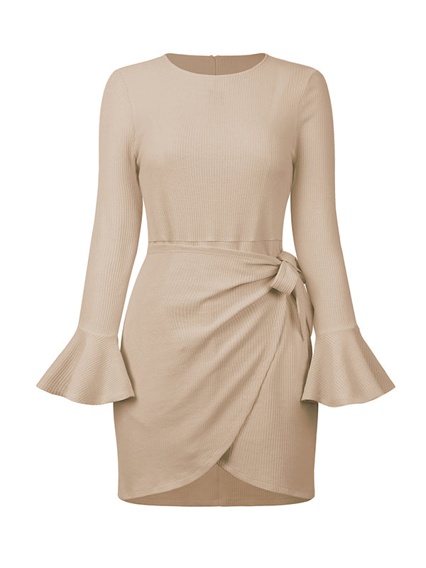 Simple Long Sleeves Skinny Tied Falbala Color Round-neck Mini Dresses