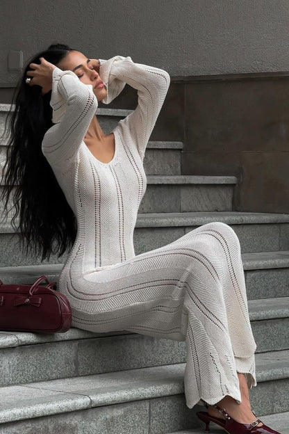 U Neck Knit Flare Sleeve Sheer Cutout Bodycon Maxi Dress