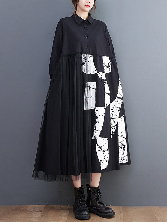 Long Sleeves Loose Contrast Color Split-joint Lapel Collar Midi Dresses