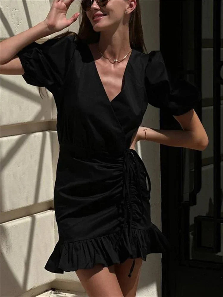Drawstring V-neck Mini Dress Female Ruffled Short Sleeve Patchwork Lace-up White Dress ’s Bandage Party Dress