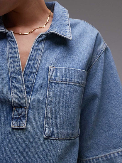 Loose Short Sleeves Pockets Color Lapel Mini Dresses