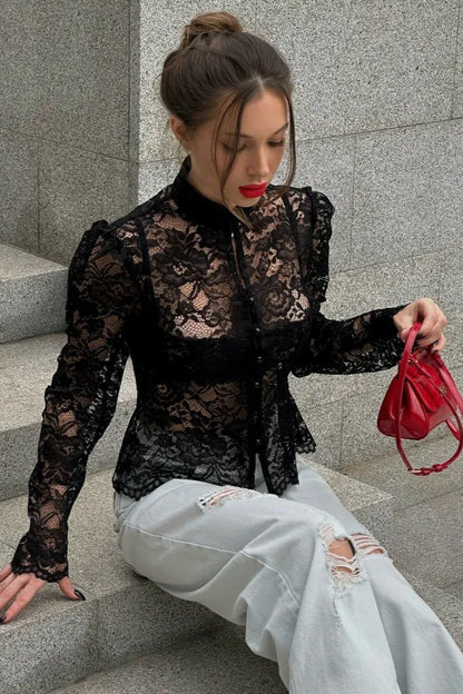 Lace Puff Sleeve Stand Collar Blouse