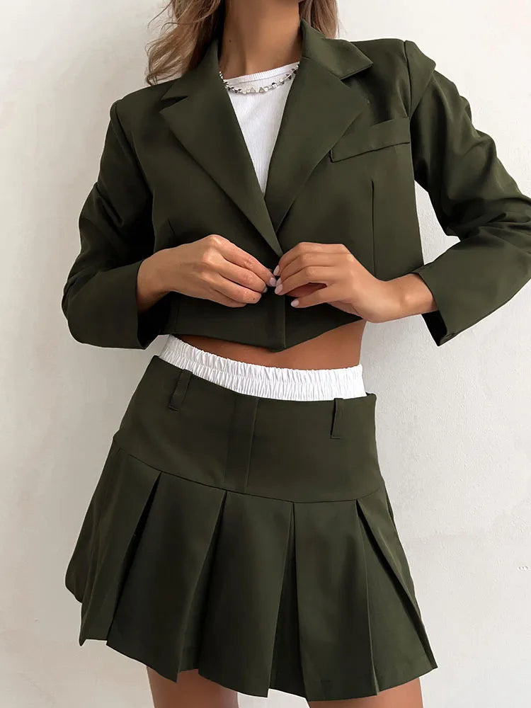 Black Blazer Sets Two Piece Cropped Blazer Jacket Coat and Mini Skirts Sets for Suit