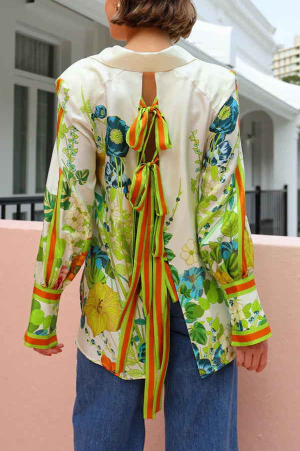 Antibes Satin Print Back Tie-up Button Down Oversized Blouse