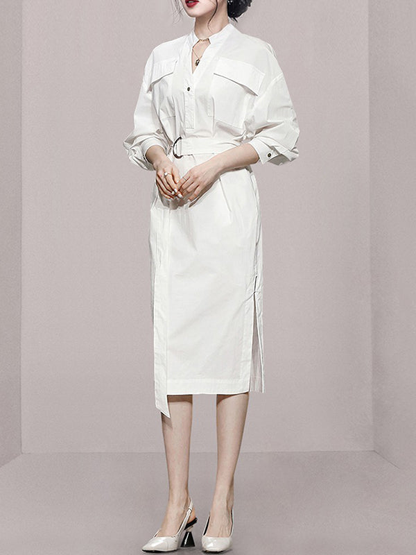 Long Sleeves Loose See-through Split-joint Split-side Tied Waist V-neck Midi Dresses Shirt Dress