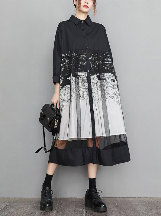 A-line Long Sleeves Buttoned Gauze Printed Split-joint Lapel Midi Dresses