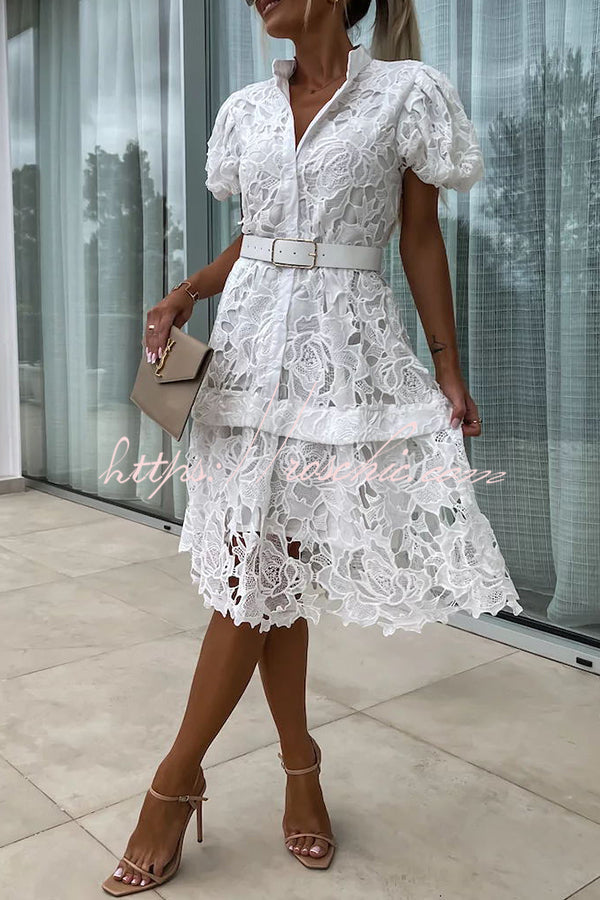Absolutely Crochet Lace Puff Sleeve Belted Shirt Midi Dress