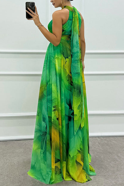 Elaine Tulle Splash Print Cutout Halter Tie-up Neck Gown Maxi Dress