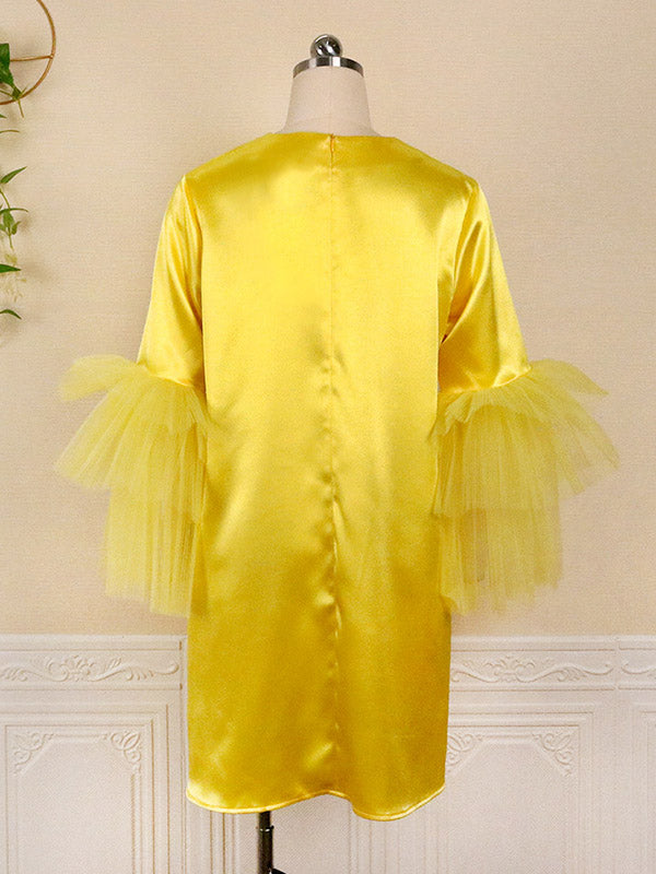 Half Sleeves Loose Shiny Color Split-joint Tulle Round-neck Mini Dresses