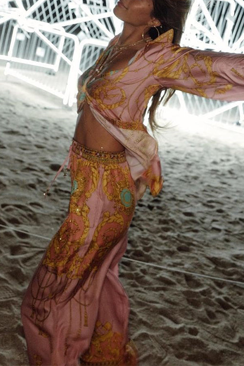 Unique Print Lantern Long Sleeves Blouse Shirt and Wide Leg Pants Holiday Outfit Set
