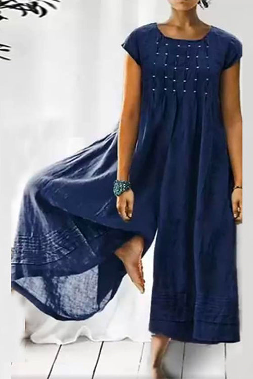 Ruched Short Sleeve Wide Leg Baggy Jumpsuit