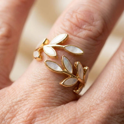 White Opal Leaf Adjustable Ring In Gold