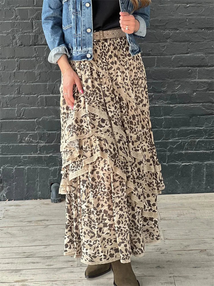 Leopard Printed Maxi Skirt Female Ruffled Patchwork Summer High Waist Bandage Party Looks Long Skirt