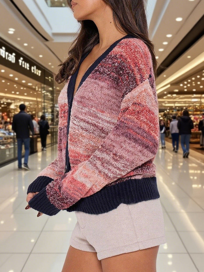 Color-block Striped V-neck Retro Knit Sweater