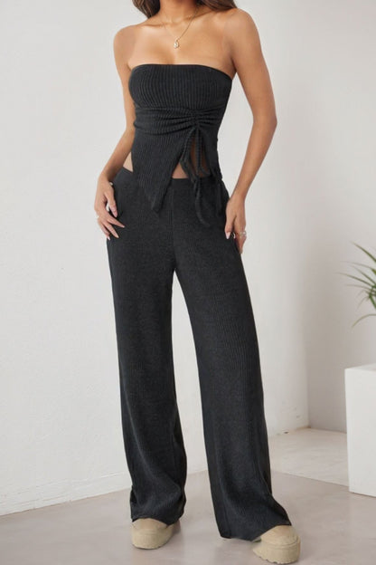 Wrap Front Split Hem Top Straight Pants Set