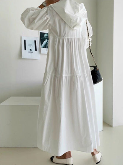 Urban Color Pleated Long Sleeves Hooded Midi Dress