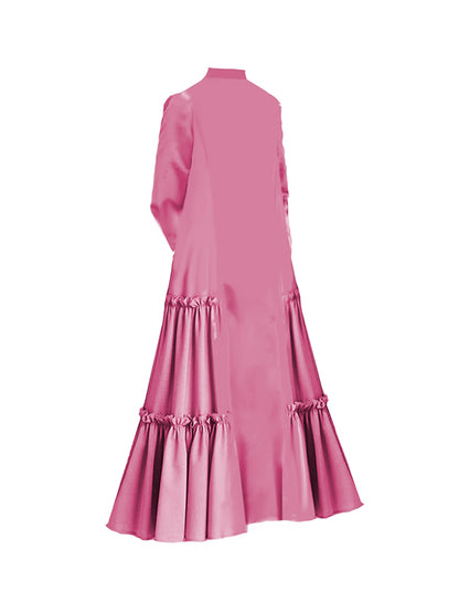 A-line Long Sleeves Buttoned Layered Pleated Pockets Ruffled Color Split-joint Stand Collar Maxi Dresses