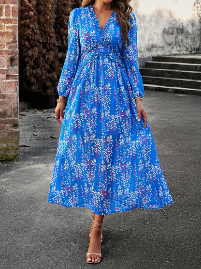 A-line High Waisted Flower Print Ruffled Split-joint Deep V-neck Maxi Dresses