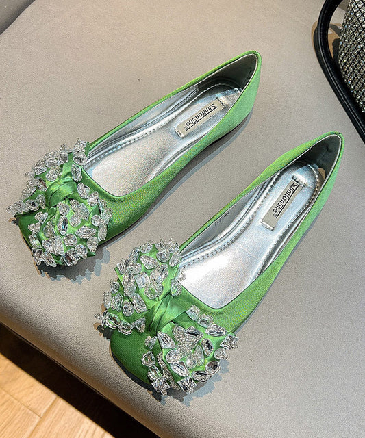New Splicing Flat Shoes for Green Satin Bow Zircon