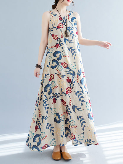 Loose Sleeveless Printed Round-neck Maxi Dresses