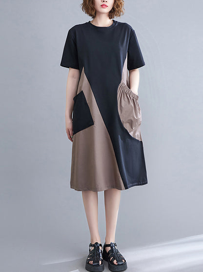Original Loose Split-joint Contrast Color Midi Dress