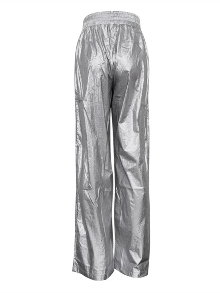 Pu Silver Pants Autumn Winter High Waist Loose Wide Leg Pant Femme Party Club Woman