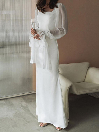 Flared Sleeves Skinny Gauze Pleated See-through Color Split-joint Square-neck Maxi Dresses