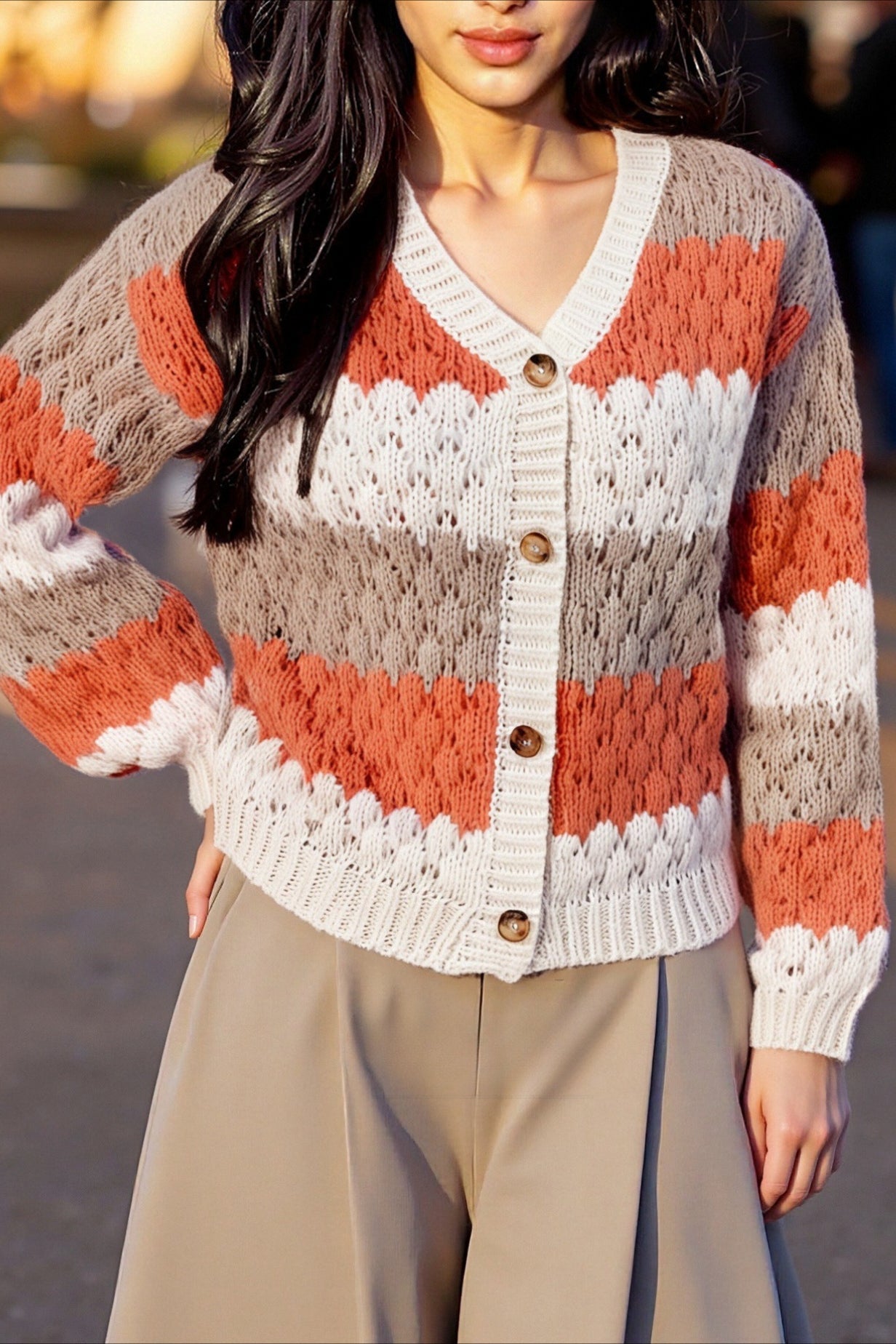 Color Block V-neck Loose Sweater