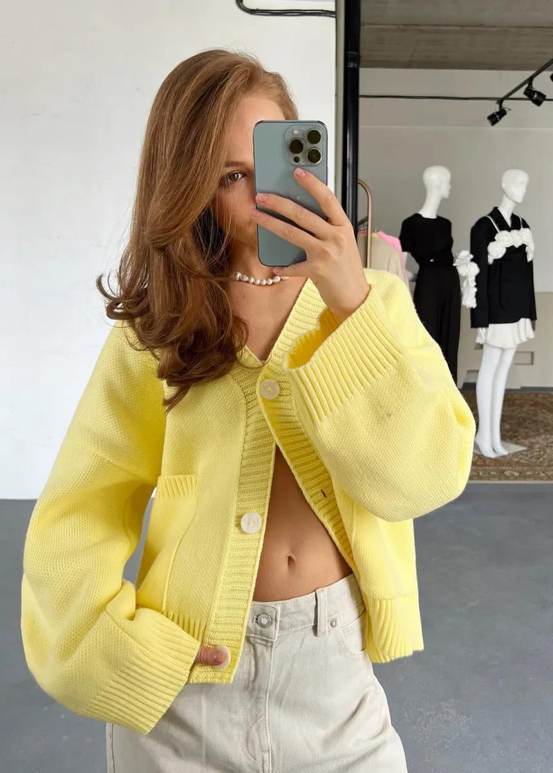 Bright Yellow Oversized Cardigan - ’s V-neck Knit Sweater