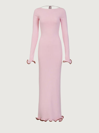Knit Sweater Ruffled Long Dress Backless Ribbed Long Sleeve Party Dress Female Knitwear Autumn Dress