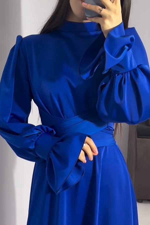 Color Ruffled Sleeves Waisted Tie Slim Fit Maxi Dress