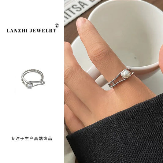 Elegant Asymmetric Pearl Silver Ring
