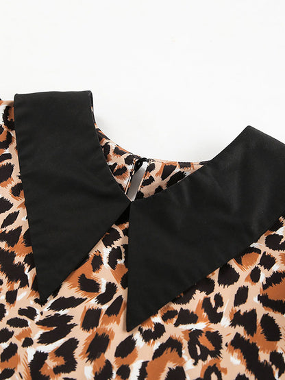 Loose Puff Sleeves Leopard Pleated Printed Split-joint Peter Pan Collar Mini Dresses Shirt Dress