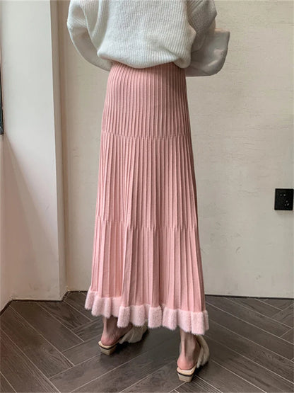 High Waist Ruffled Pleated Skirts Autumn Long Skirt Loose Pleated Ribbed Maxi Skirt