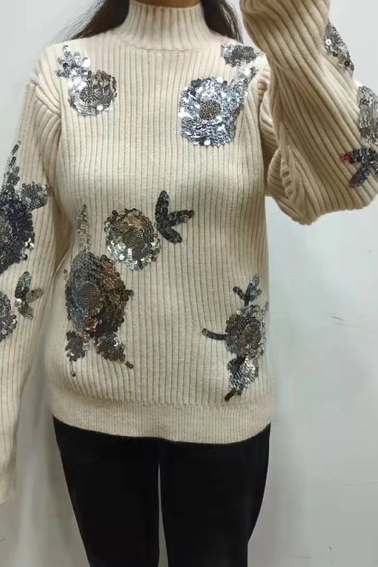 Turtleneck Loose-fitting Sequined Pattern Long Sleeve Knitted Sweater